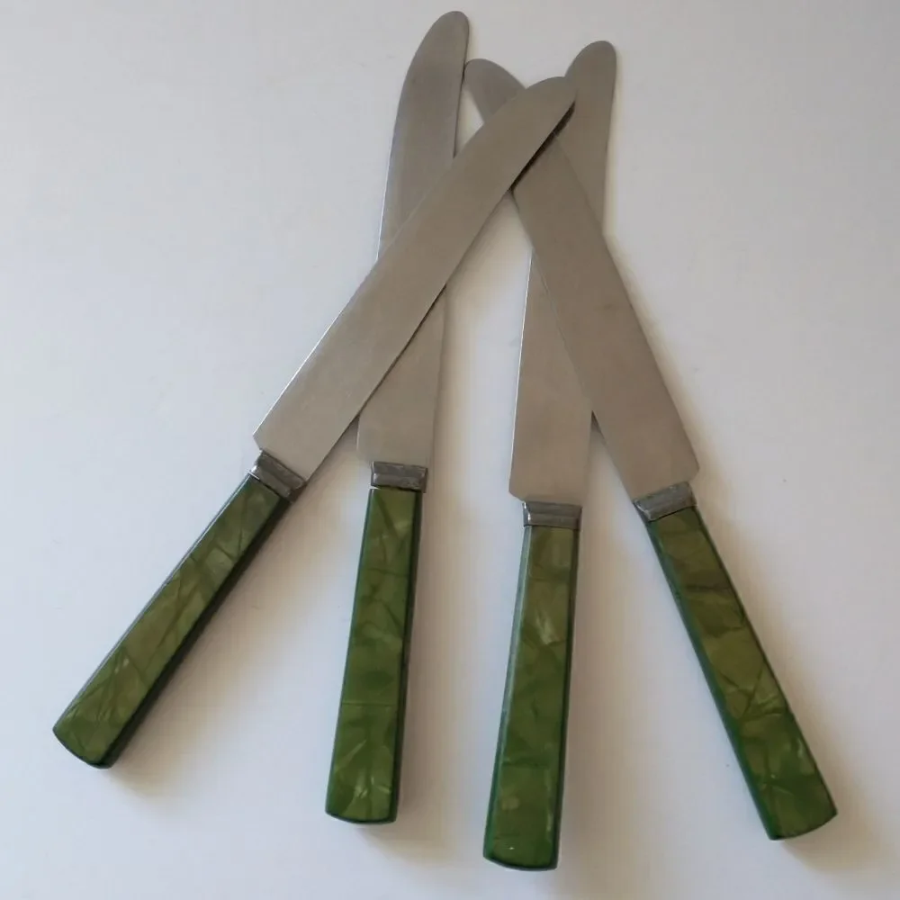 ROYAL BRAND Sharp Cutter Knife Set x 4 Marbled Celluloid Handles Stainless Steel